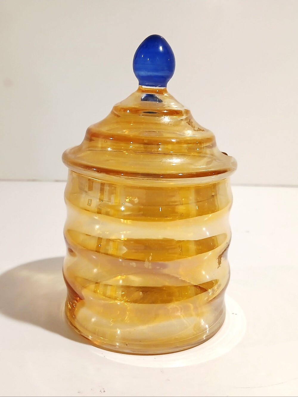 Vintage Amber Glass Condument Jar with Blue Finial Lid